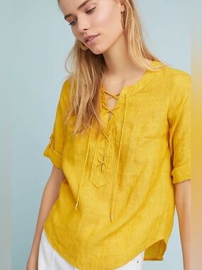 Anthropologie Maeve Linen Marigold Blouse Lace Up Front Size 0